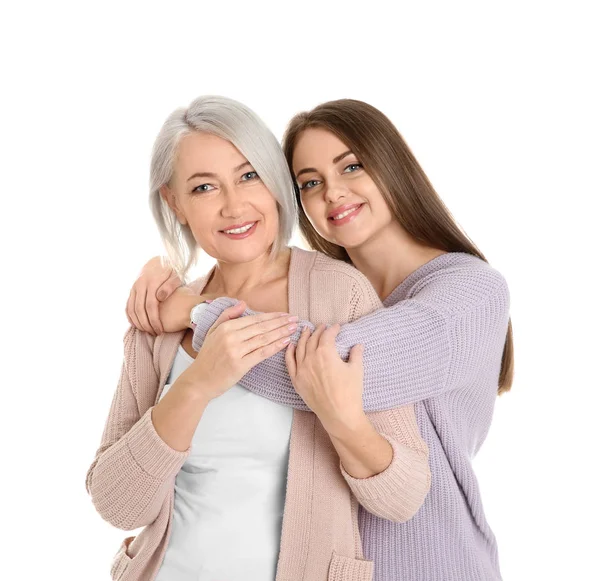 Portrait Young Woman Her Mature Mother White Background — Stock Photo, Image