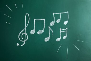 Tiz nota anahtarı ve kara tahta üzerine müzik notlar