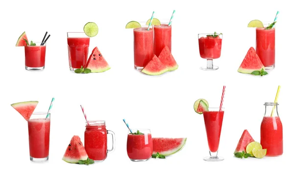 Set Leckerer Wassermelonen Cocktails Verschiedenen Gläsern Auf Weißem Hintergrund — Stockfoto