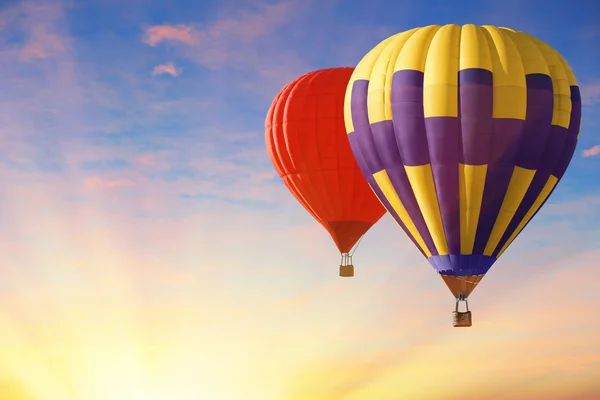 Picturesque View Beautiful Sky Sunset Flying Air Balloons Space Text — Stock Photo, Image