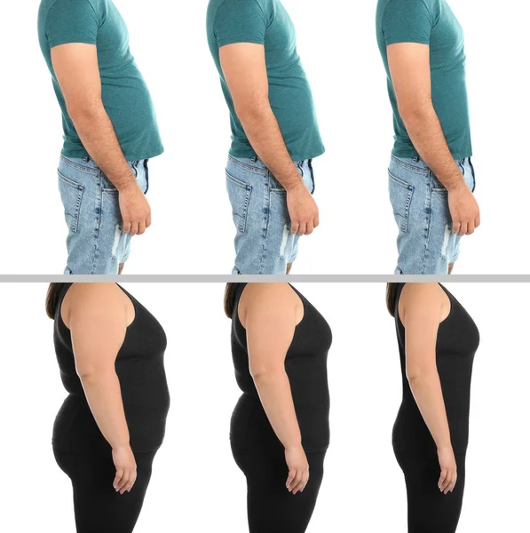 Übergewichtige Vor Und Nach Der Gewichtsabnahme Auf Weißem Hintergrund Nahaufnahme — Stockfoto