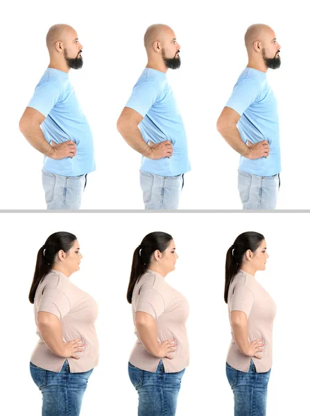 Persone Sovrappeso Prima Dopo Perdita Peso Sfondo Bianco — Foto Stock