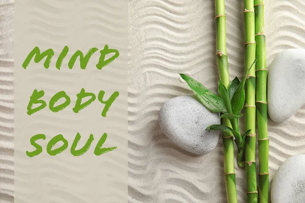 Compoziția Așezată Plat Tulpini Bambus Pietre Zen Text Mind Body — Fotografie, imagine de stoc