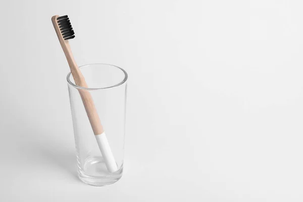 Glass Bamboo Toothbrush White Background Space Text — Stock Photo, Image