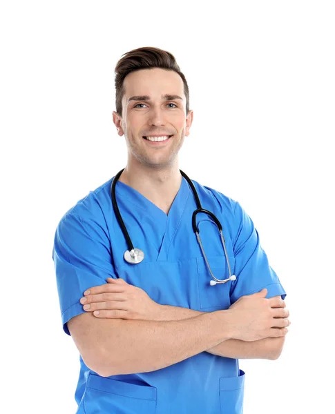 Portret Asystenta Medycznego Stetoskop Białym Tle — Zdjęcie stockowe