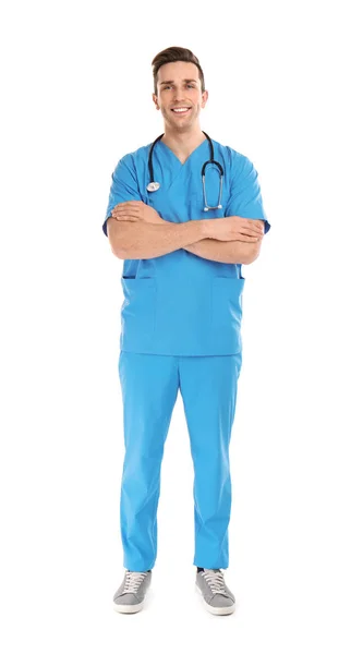 Full Length Portrait Medical Assistant Stethoscope White Background — Stock Photo, Image