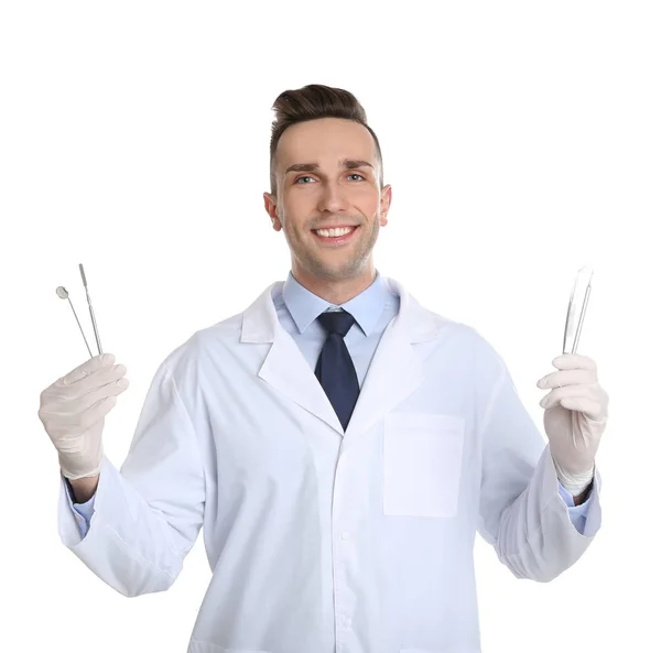 Male Dentist Holding Professional Tools White Background — Stock Photo, Image