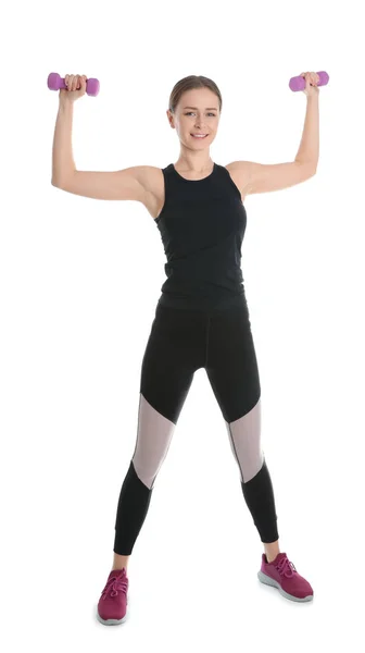 Mladá Žena Která Dělá Sportovní Cvičení Izolovaných Bílém Domácí Fitness — Stock fotografie