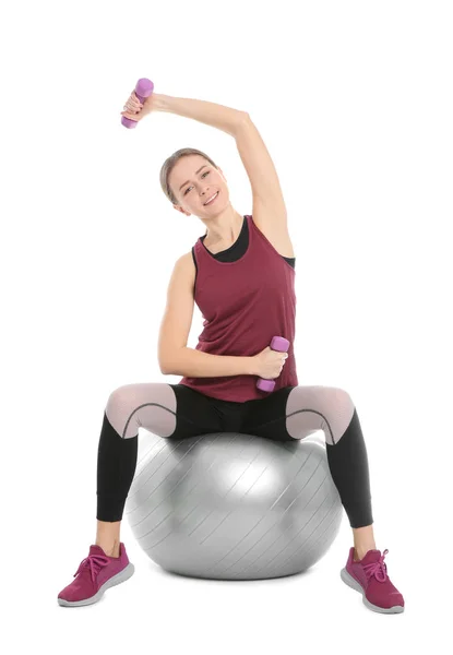 Young Woman Doing Sports Exercises Isolated White Home Fitness — Stock Photo, Image