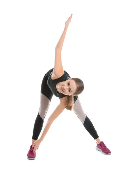 Mladá Žena Která Dělá Sportovní Cvičení Izolovaných Bílém Domácí Fitness — Stock fotografie