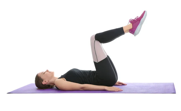 Young Woman Doing Sports Exercises Isolated White Home Fitness — Stock Photo, Image