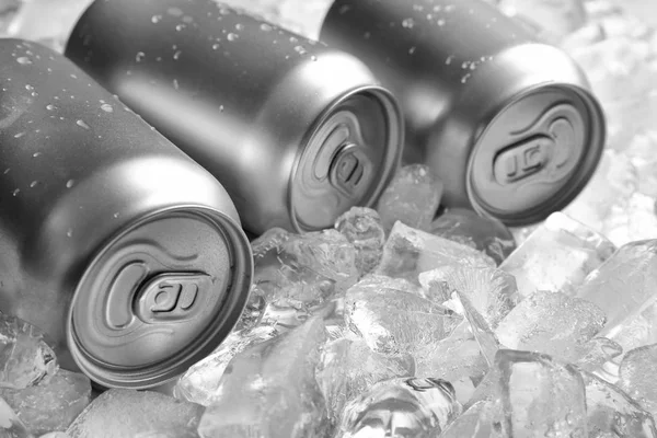 Tin cans on pile of ice cubes