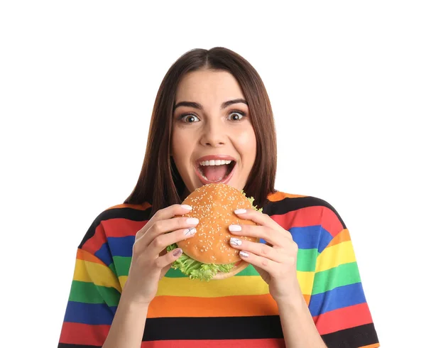 Jonge Vrouw Smakelijke Hamburger Eten Witte Achtergrond — Stockfoto