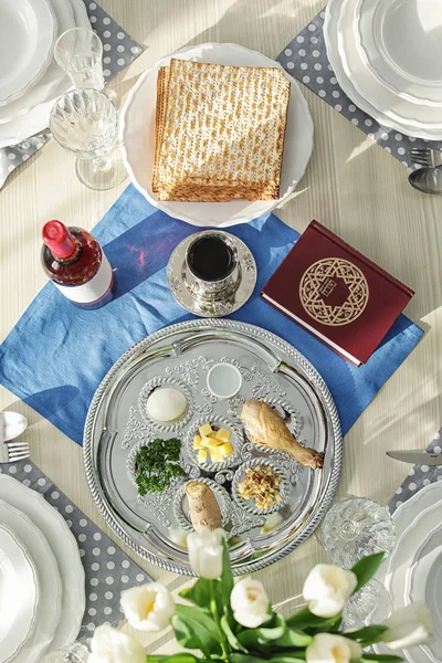 Tabel Diende Voor Pascha Pesach Seder Bovenaanzicht — Stockfoto