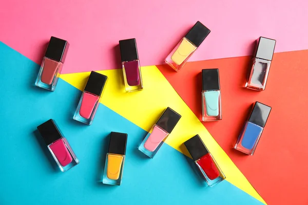 Bottles Nail Polish Color Background Top View — Stock Photo, Image