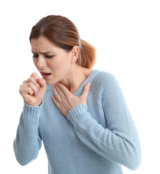 Woman Suffering Cough Isolated White — Stock Photo, Image