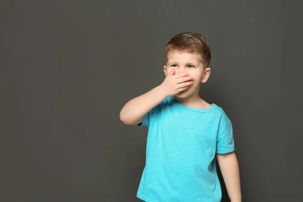Cute Boy Suffering Cough Dark Background Space Text — Stock Photo, Image