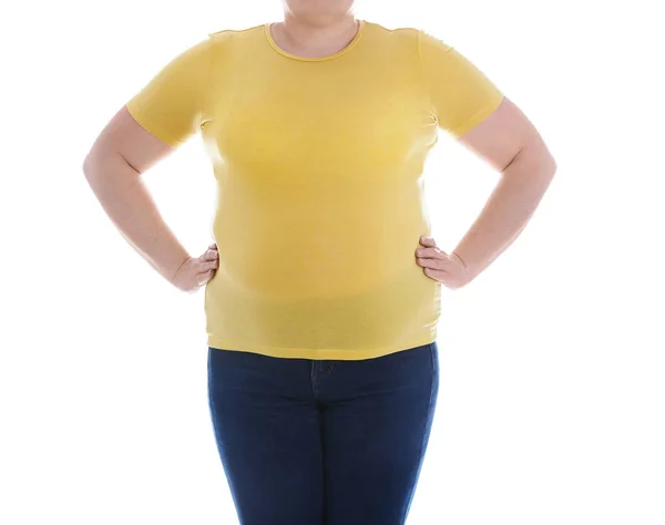 Übergewichtige Frau Auf Weißem Hintergrund Nahaufnahme Gewichtsverlust — Stockfoto