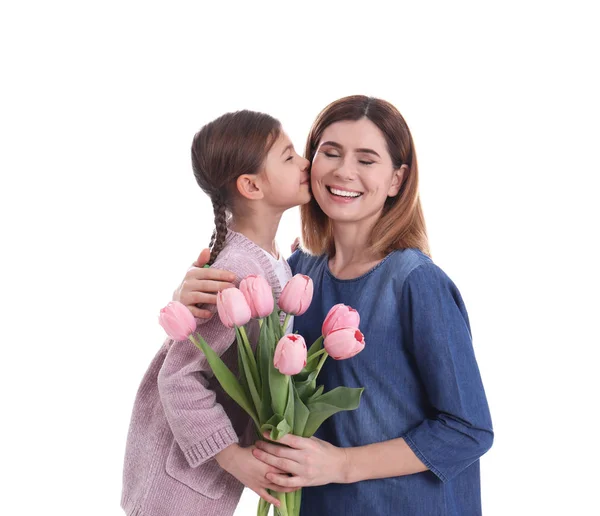 Feliz Madre Hija Con Flores Sobre Fondo Blanco Día Internacional — Foto de Stock