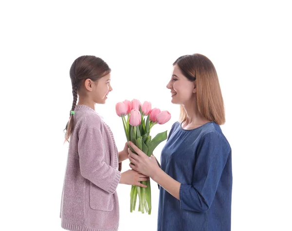 Feliz Madre Hija Con Flores Sobre Fondo Blanco Día Internacional — Foto de Stock