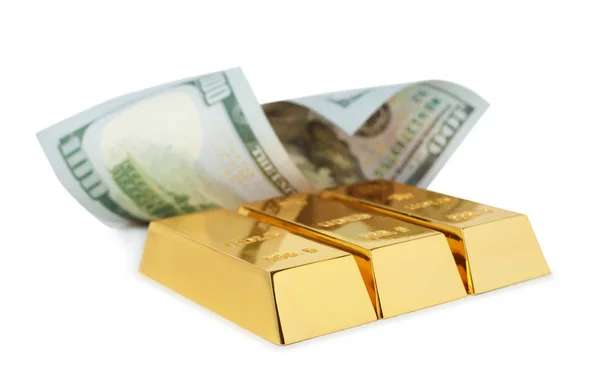 Glänsande Guld Barer Och Dollarsedel Vit Bakgrund — Stockfoto