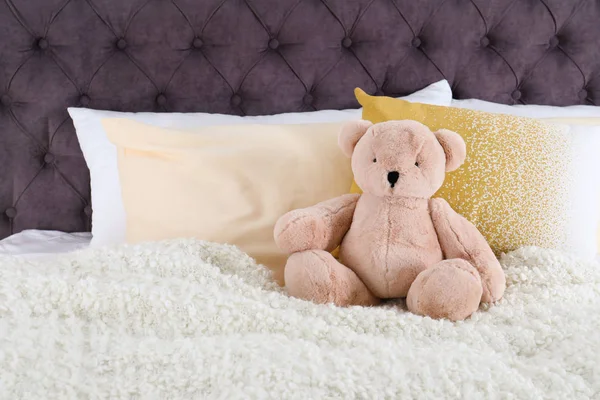 Cute Teddy Bear Sitting Bed Indoors Space Text — Stock Photo, Image