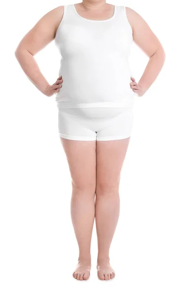 Übergewichtige Frau Auf Weißem Hintergrund Nahaufnahme Gewichtsverlust — Stockfoto