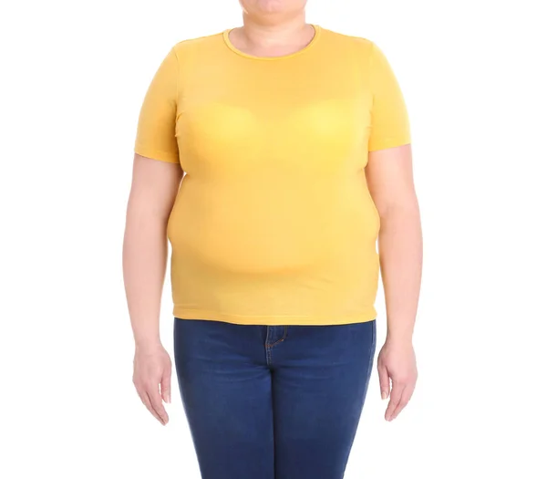 Толстая Женщина Белом Фоне Крупным Планом Потеря Веса — стоковое фото