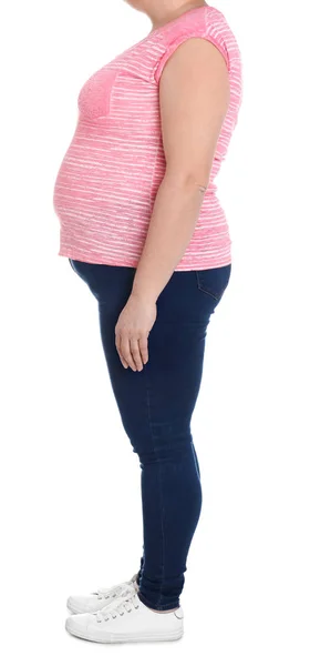 Толстая Женщина Белом Фоне Крупным Планом Потеря Веса — стоковое фото
