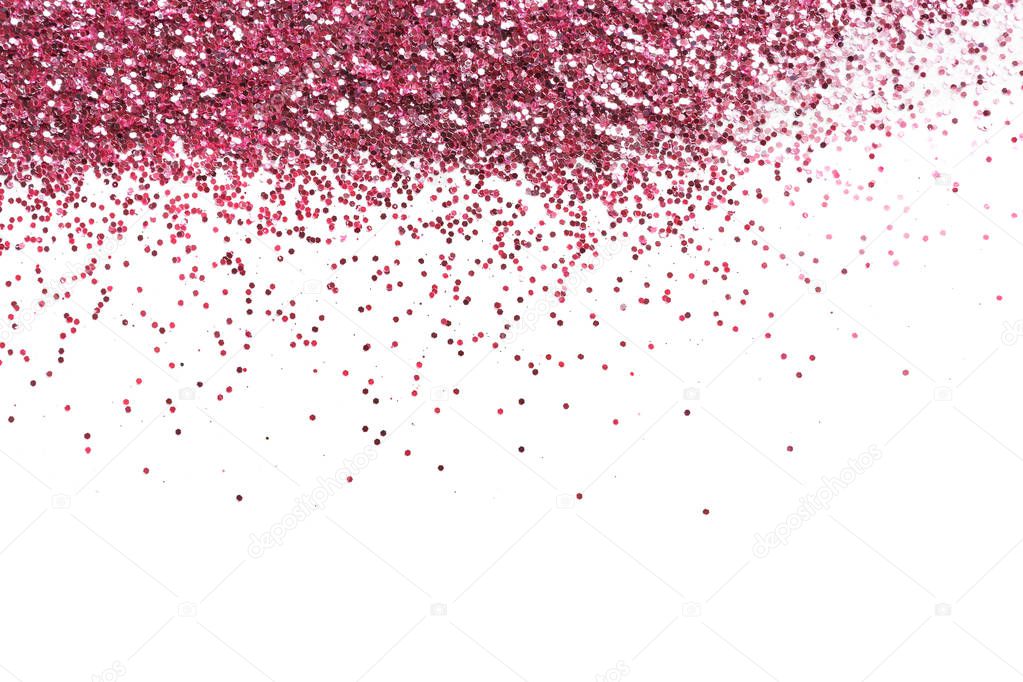 Pink glitter on white background, top view