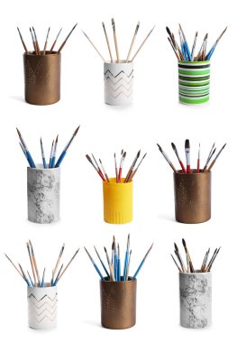 Beyaz arka plan üzerinde sahipleri ile farklı Boya fırçaları ayarla