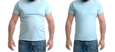 Kilolu adam önce ve sonra kilo kaybı beyaz arka planda, portre