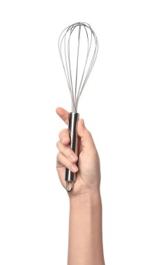 Balon çırpıcı beyaz arka plan üzerinde tutan kadın. Mutfak gereçleri