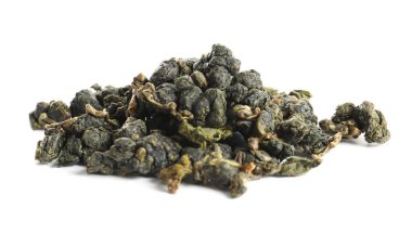 Kravat Guan Yin Oolong çay beyaz zemin üzerine yığını