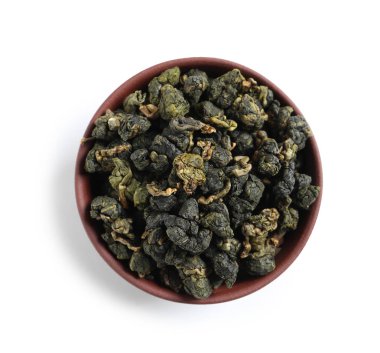 Ali Shan Oolong çay beyaz arka planda, üstten görünüm ile kase