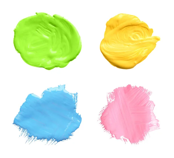 Set Abstract Brushstrokes Different Bright Paints White Background Top View — Stock Photo, Image