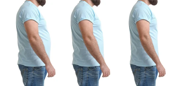 Hombre Con Sobrepeso Antes Después Pérdida Peso Sobre Fondo Blanco — Foto de Stock