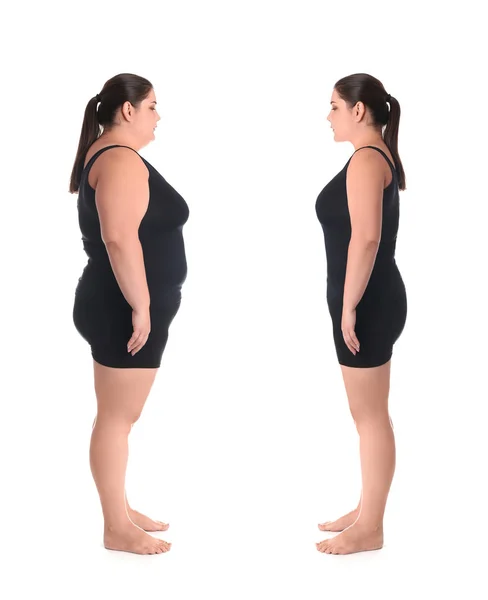 Mujer Con Sobrepeso Antes Después Pérdida Peso Sobre Fondo Blanco — Foto de Stock
