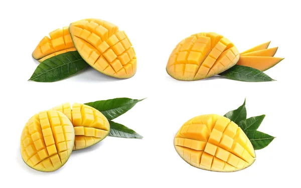 Geschnittene Tropische Reife Mangos Auf Weißem Hintergrund — Stockfoto