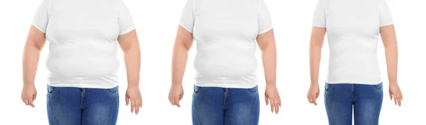 Overweight Woman Weight Loss White Background Closeup — Stock Photo, Image