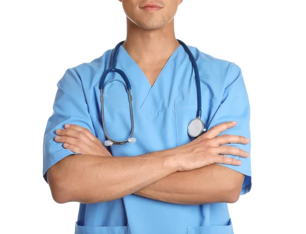 Arzt Mit Stethoskop Auf Weißem Hintergrund Nahaufnahme Medizinisches Objekt — Stockfoto