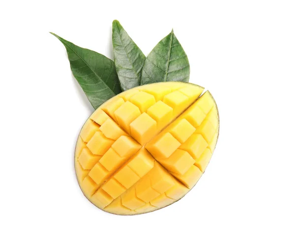 Corte Manga Madura Fundo Branco Vista Superior Frutas Tropicais — Fotografia de Stock