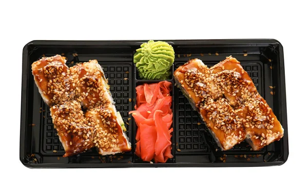 盒子上有美味的寿司卷 背景是白色的 最上面的景色 食品配送 — 图库照片