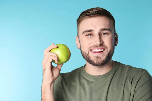 Young Man Healthy Teeth Apple Color Background Space Text — Stock Photo, Image