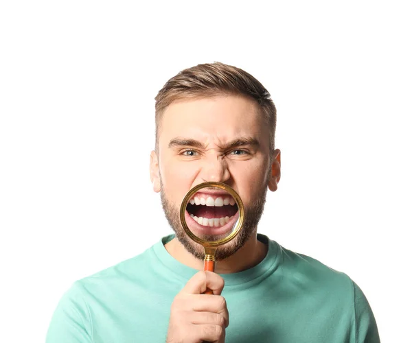 Young Man Healthy Teeth Magnifier White Background — Stock Photo, Image