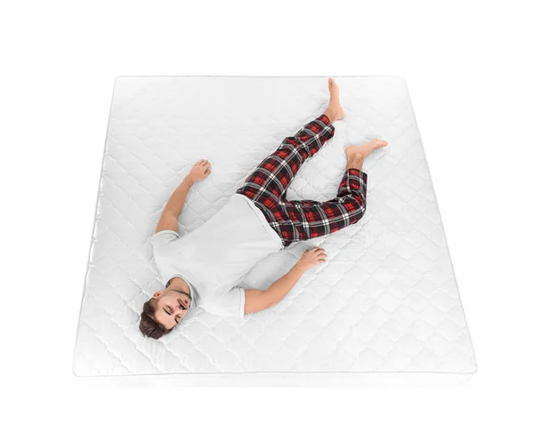 Jeune Homme Dormant Sur Matelas Sur Fond Blanc Vue Dessus — Photo