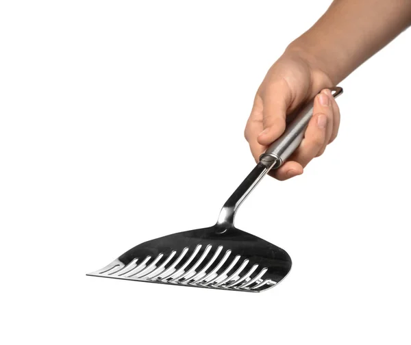 Woman Holding Slotted Spatula White Background Kitchen Utensils — Stock Photo, Image