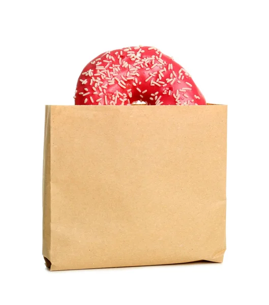 Saco Papel Com Donut Sobre Fundo Branco Espaço Para Design — Fotografia de Stock