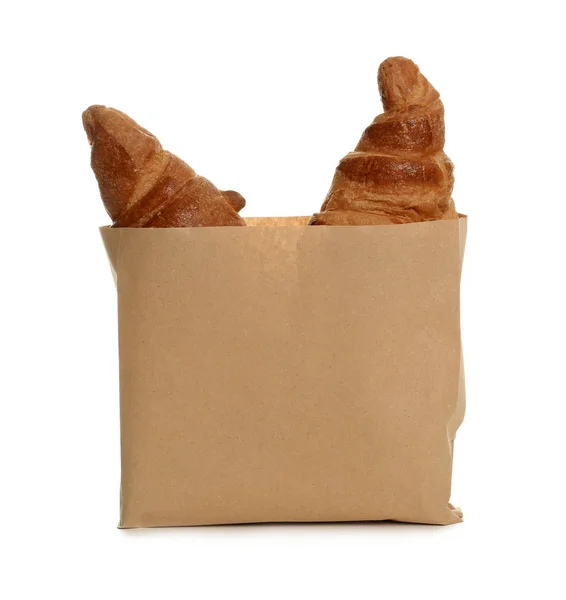 Bolsa Papel Con Croissants Sobre Fondo Blanco Espacio Para Diseño — Foto de Stock