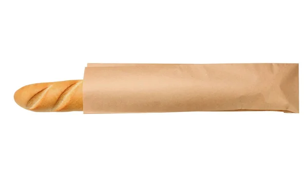 Bolsa Papel Con Baguette Sobre Fondo Blanco Vista Superior Espacio — Foto de Stock